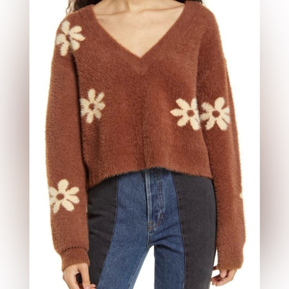 LA Hearts Brown Floral Print Super Soft V Neck Pullover Sweater Size M - Picture 1 of 5